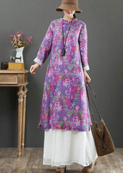 Beautiful Stand Collar Chinese Button Spring Outfit Catwalk Purple Print Maxi Dresses - SooLinen