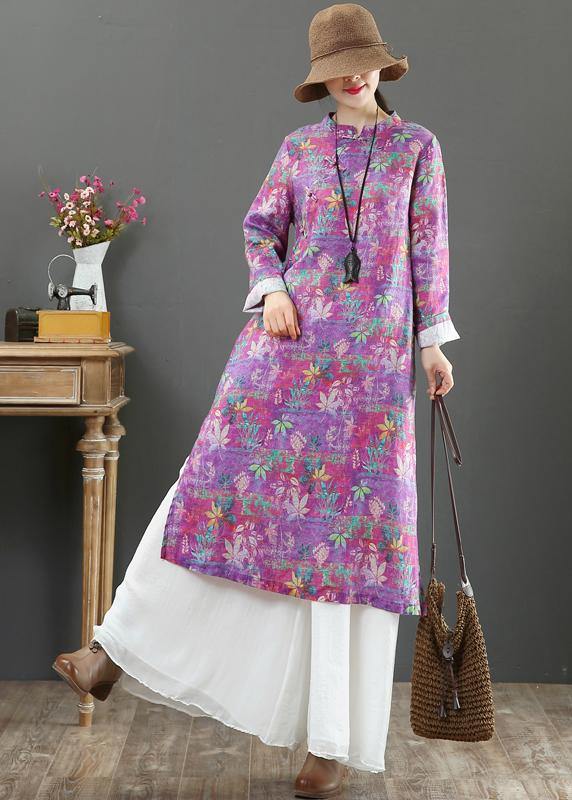 Beautiful Stand Collar Chinese Button Spring Outfit Catwalk Purple Print Maxi Dresses - SooLinen