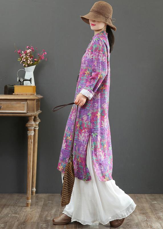 Beautiful Stand Collar Chinese Button Spring Outfit Catwalk Purple Print Maxi Dresses - SooLinen