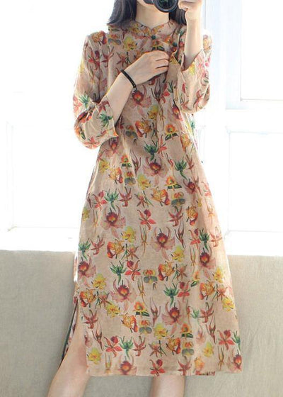 Beautiful Stand Collar Side Open Dresses Tunic Tops Print Long Dress - SooLinen