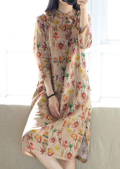 Beautiful Stand Collar Side Open Dresses Tunic Tops Print Long Dress - SooLinen