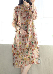 Beautiful Stand Collar Side Open Dresses Tunic Tops Print Long Dress - SooLinen