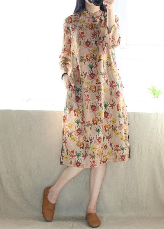 Beautiful Stand Collar Side Open Dresses Tunic Tops Print Long Dress - SooLinen