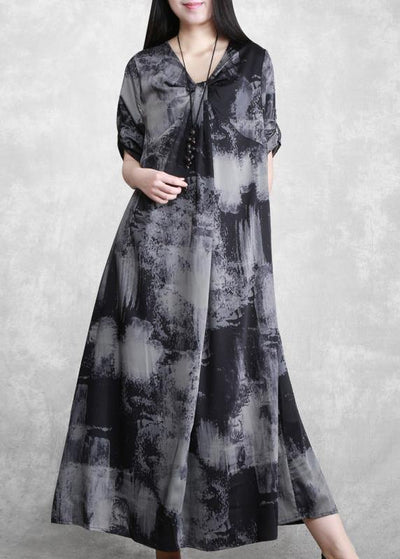 Beautiful V Neck Asymmetric Quilting Clothes Design Gray Print Maxi Dress - SooLinen