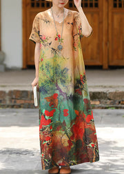 Beautiful V Neck Print Linen Long Dress Short Sleeve