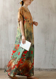 Beautiful V Neck Print Linen Long Dress Short Sleeve