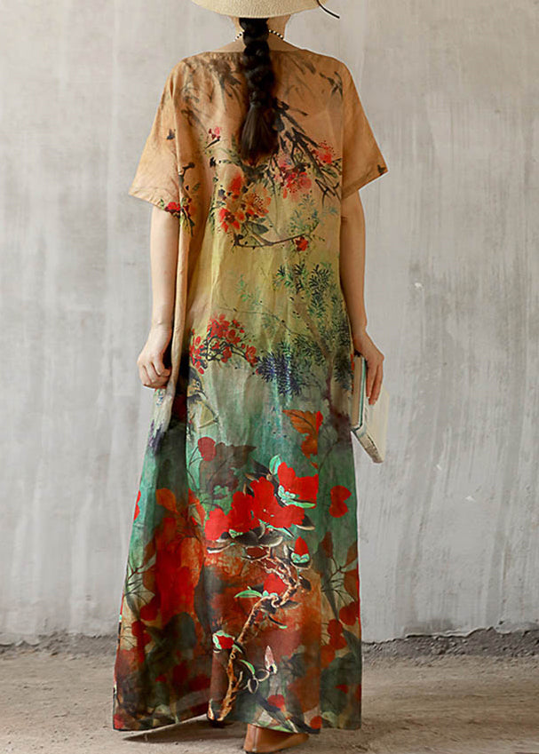 Beautiful V Neck Print Linen Long Dress Short Sleeve