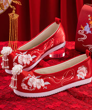 Beautiful Wedding Flat Shoes For Women Red Embroideried Cotton Fabric