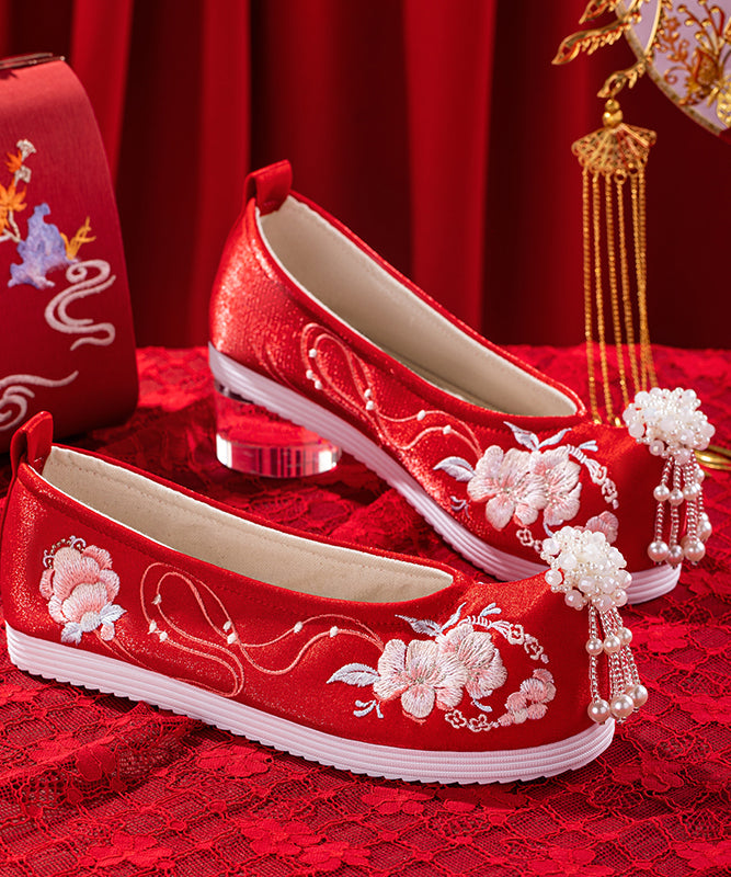 Beautiful Wedding Flat Shoes For Women Red Embroideried Cotton Fabric