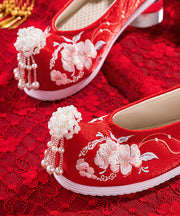 Beautiful Wedding Flat Shoes For Women Red Embroideried Cotton Fabric