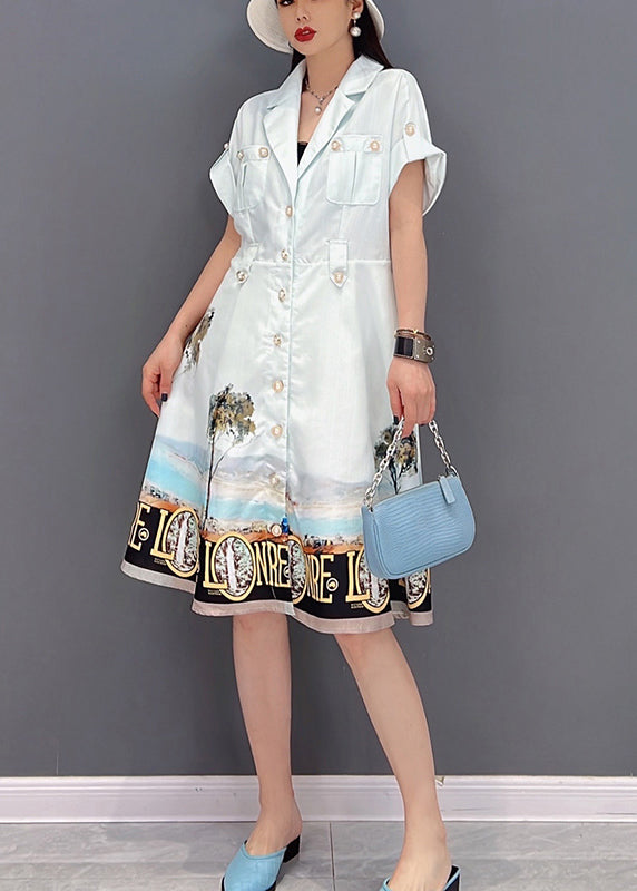 Beautiful White Button Peter Pan Collar Pockets Print Silk Shirt Dress Short Sleeve