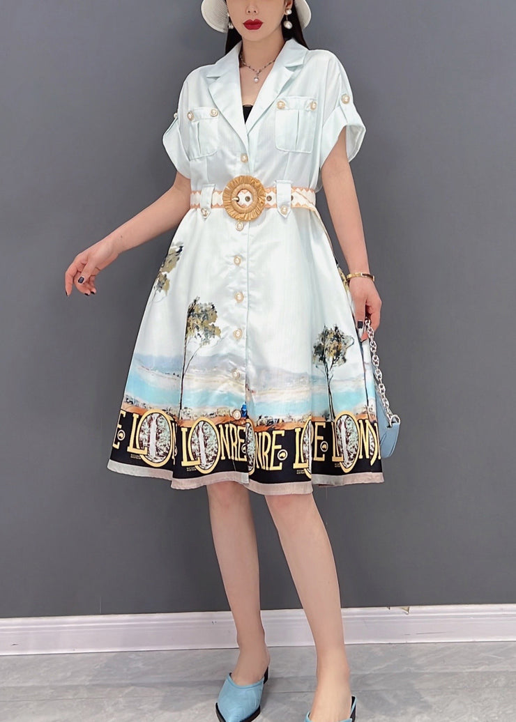 Beautiful White Button Peter Pan Collar Pockets Print Silk Shirt Dress Short Sleeve