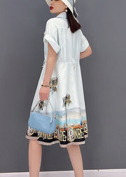 Beautiful White Button Peter Pan Collar Pockets Print Silk Shirt Dress Short Sleeve