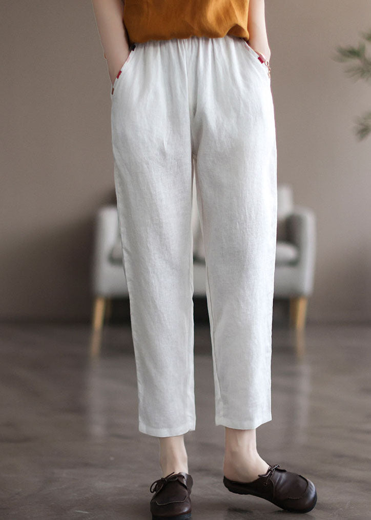 Beautiful White Elastic Waist Solid Linen Harem Pants Summer