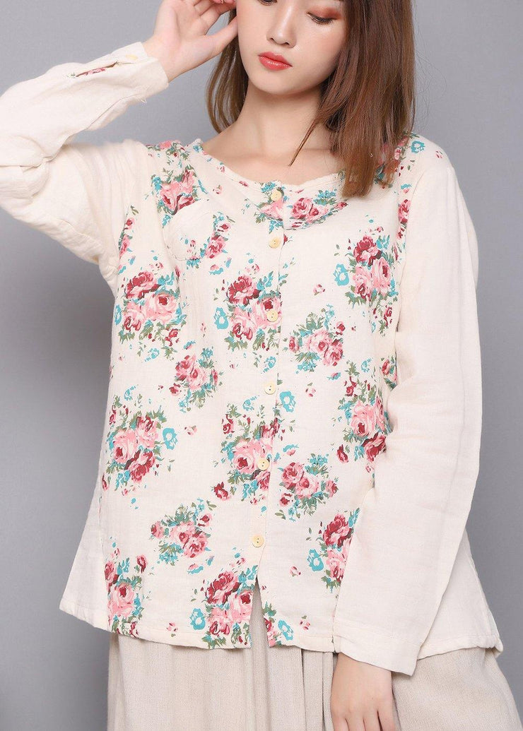 Beautiful White Print Linen Spring Top - SooLinen