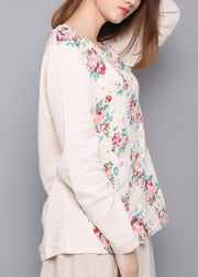 Beautiful White Print Linen Spring Top - SooLinen