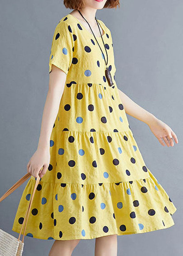 Beautiful Yellow O-Neck Dot Print Cotton Party Dress Short Sleeve