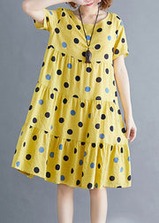 Beautiful Yellow O-Neck Dot Print Cotton Party Dress Short Sleeve