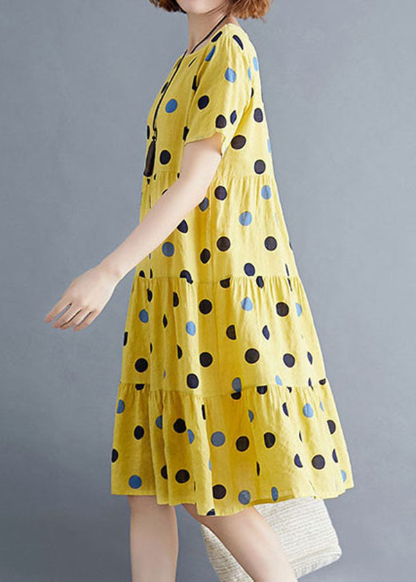 Beautiful Yellow O-Neck Dot Print Cotton Party Dress Short Sleeve