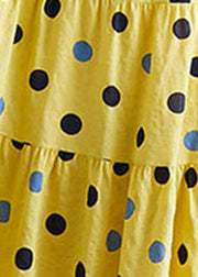 Beautiful Yellow O-Neck Dot Print Cotton Party Dress Short Sleeve