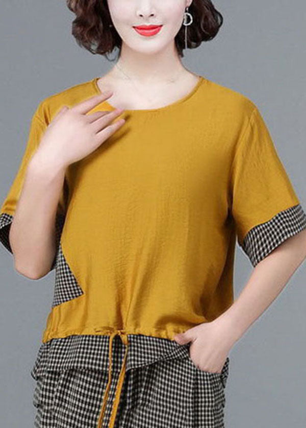 Beautiful Yellow O-Neck Plaid Linen Tops And Crop Harem Pants Two Pieces Set Short Sleeve