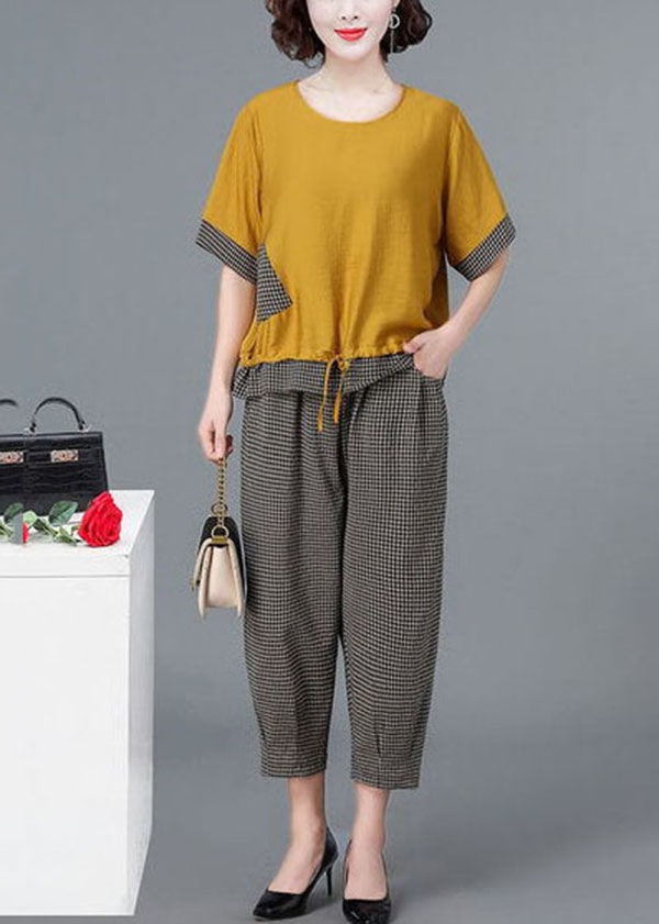 Beautiful Yellow O-Neck Plaid Linen Tops And Crop Harem Pants Two Pieces Set Short Sleeve