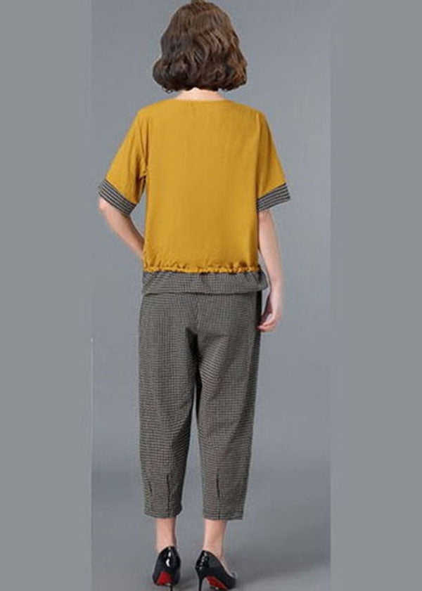 Beautiful Yellow O-Neck Plaid Linen Tops And Crop Harem Pants Two Pieces Set Short Sleeve