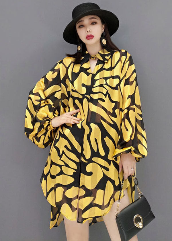 Beautiful Yellow Peter Pan Collar Print Side Open Chiffon Long Shirt Lantern Sleeve