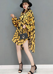 Beautiful Yellow Peter Pan Collar Print Side Open Chiffon Long Shirt Lantern Sleeve