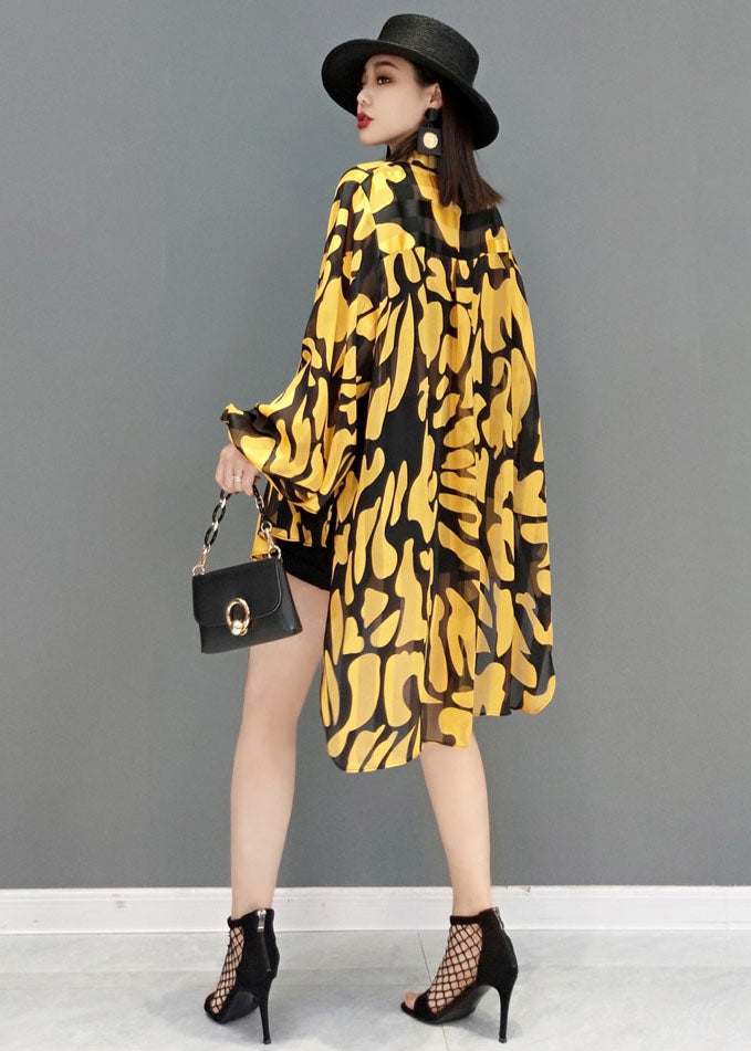 Beautiful Yellow Peter Pan Collar Print Side Open Chiffon Long Shirt Lantern Sleeve