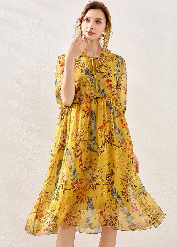 Beautiful Yellow Print Hooded Patchwork Summer Chiffon Summer Dresses - SooLinen