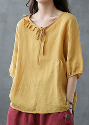 Beautiful Yellow Ruffled Patchwork Linen Shirt Half Sleeve