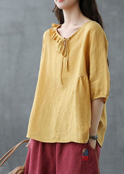 Beautiful Yellow Ruffled Patchwork Linen Shirt Half Sleeve