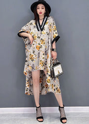 Beautiful Yellow V Neck Asymmetrical Print Chiffon Beach Dress Batwing Sleeve