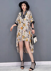 Beautiful Yellow V Neck Asymmetrical Print Chiffon Beach Dress Batwing Sleeve