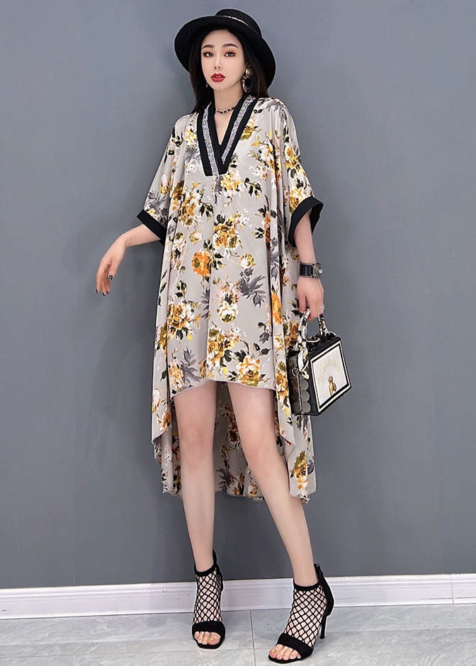 Beautiful Yellow V Neck Asymmetrical Print Chiffon Beach Dress Batwing Sleeve