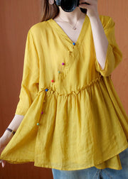 Beautiful Yellow V Neck Button Fall Blouses Half Sleeve