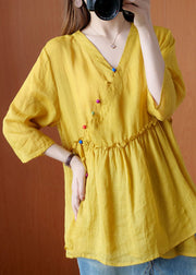 Beautiful Yellow V Neck Button Fall Blouses Half Sleeve