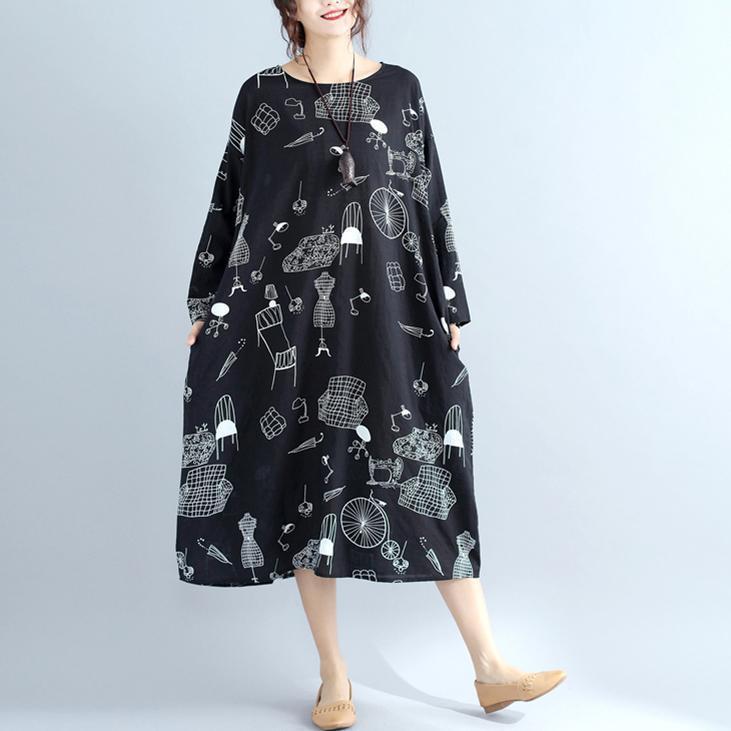 Schöne weite Baumwoll-Steppkleider Boho Sewing Black Print Robe Dresses