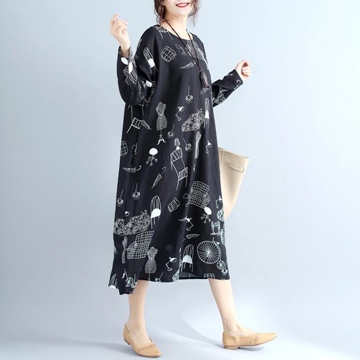 Schöne weite Baumwoll-Steppkleider Boho Sewing Black Print Robe Dresses