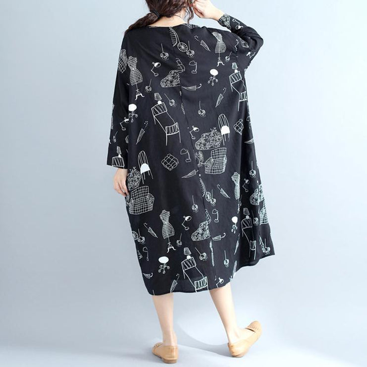 Beautiful baggy cotton quilting dresses Boho Sewing black print Robe Dresses