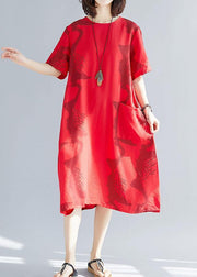 Beautiful big pockets cotton clothes Women Sleeve red prints wild cotton robes Dress summer - SooLinen