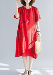 Beautiful big pockets cotton clothes Women Sleeve red prints wild cotton robes Dress summer - SooLinen