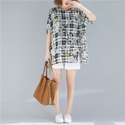 Beautiful black Plaid linen cotton Long Shirts Organic Sewing o neck print baggy shirts