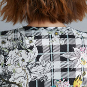 Schöne schwarz karierte Leinen-Baumwoll-Langhemden Organic Sewing O-Neck-Print Baggy-Shirts