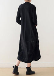 Beautiful black cotton quilting dresses o neck patchwork Maxi Dress - SooLinen