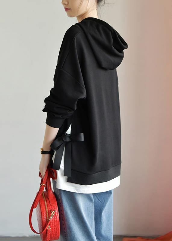 Beautiful black cotton shirts women hooded drawstring Plus Size Clothing fall top - SooLinen