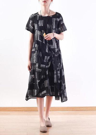 Beautiful black linen clothes tie waist long summer prints Dresses - SooLinen