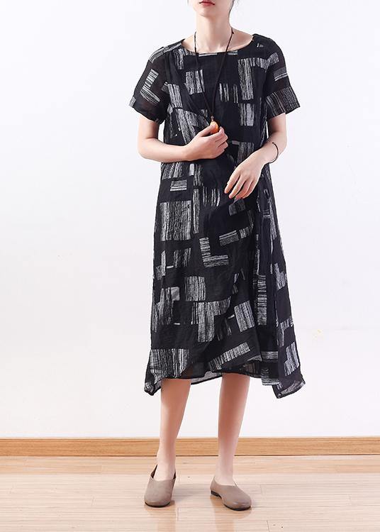 Beautiful black linen clothes tie waist long summer prints Dresses - SooLinen