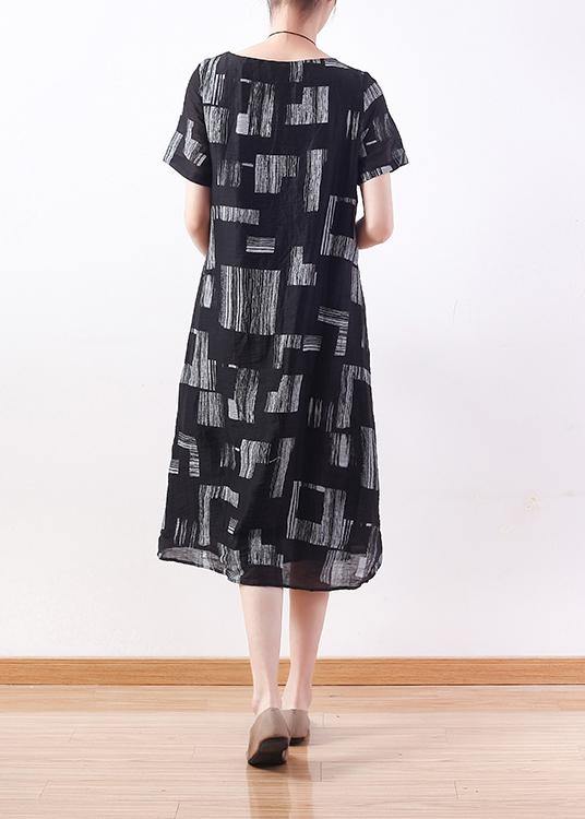 Beautiful black linen clothes tie waist long summer prints Dresses - SooLinen